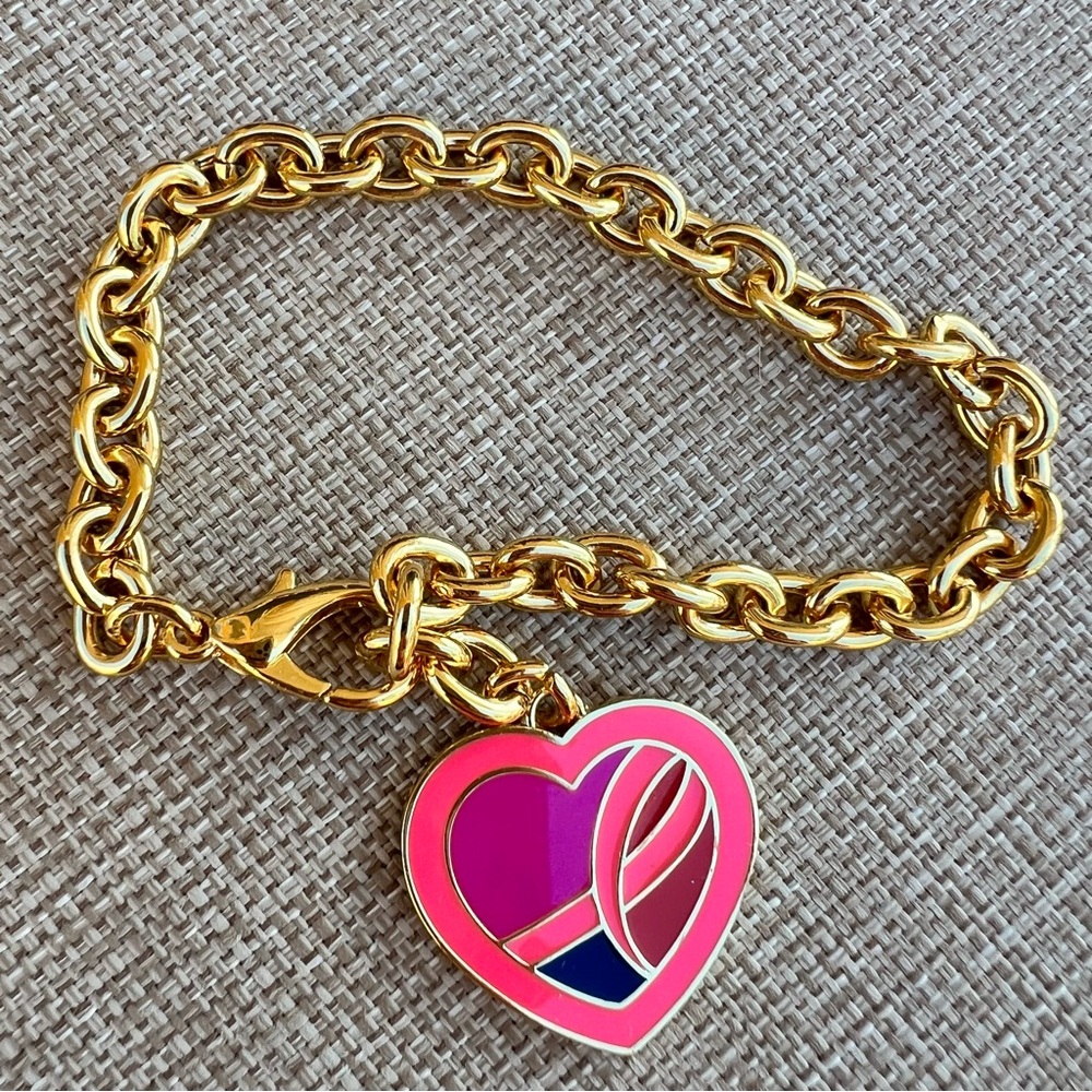 Estee Lauder Breast Cancer Awareness Pink Ribbon Heart Gold Charm Bracelet 2013